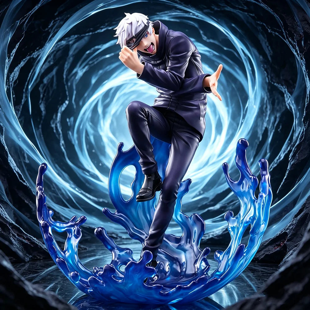 Figurine Jujutsu en tenue noire, cheveux blancs, pose accroupie, aura bleue autour