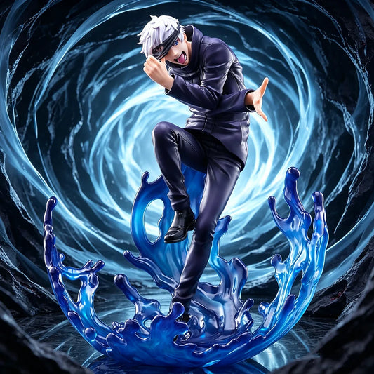 Figurine Jujutsu en tenue noire, cheveux blancs, pose accroupie, aura bleue autour