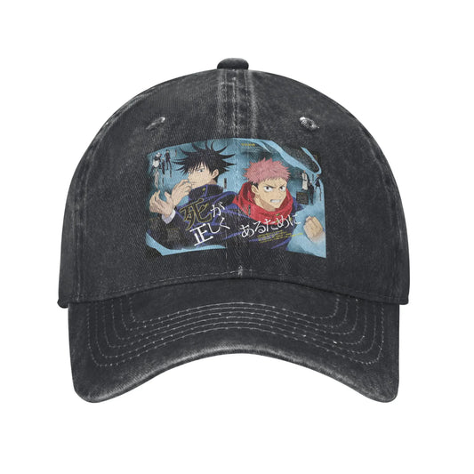 Casquette noire avec visuel Jujutsu Kaisen Exorciste Megumi x Yoji sur le devant