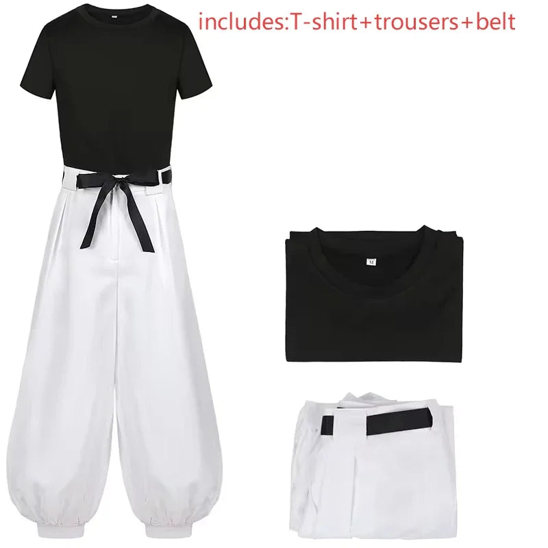 Costume Jujutsu Kaisen Toji Fushiguro: t-shirt noir, pantalon blanc ample, ceinture noire.