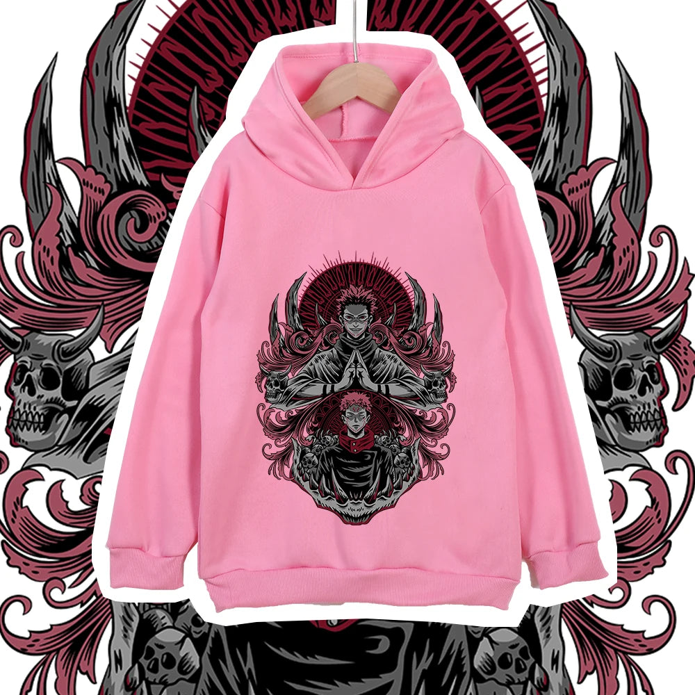 Hoodie rose à capuche, grand motif Jujutsu Kaisen rouge/noir au centre