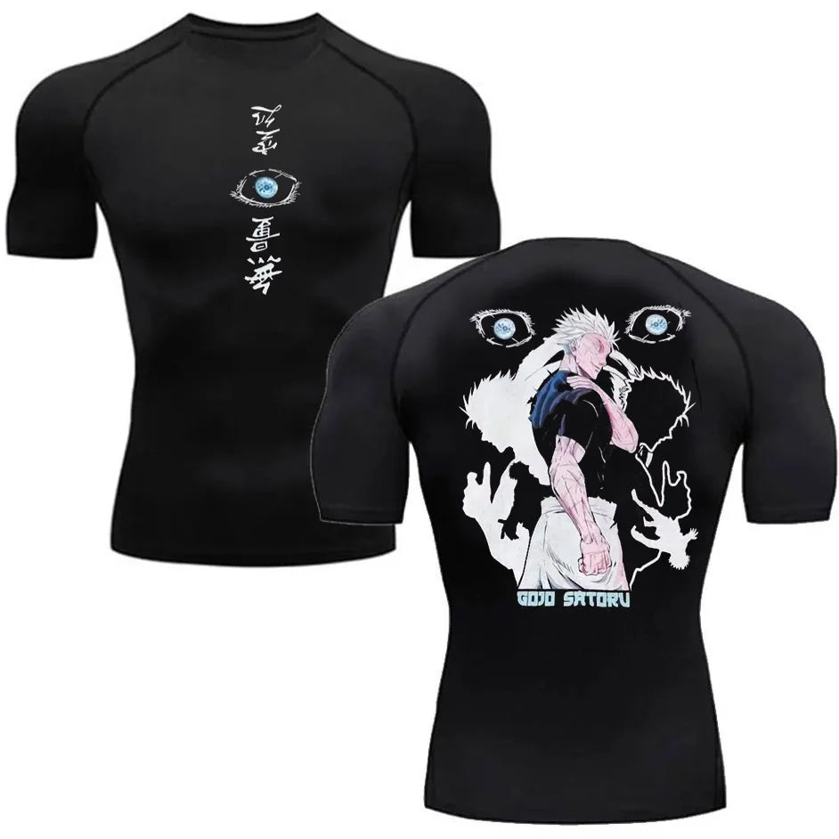 T-shirt compression noir avec motif animé sur le devant, col ras du cou