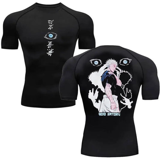 T-shirt compression noir avec motif animé sur le devant, col ras du cou