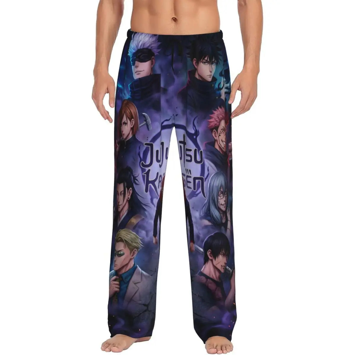 Pantalon pyjama bleu nuit à imprimé personnages anime, taille élastique