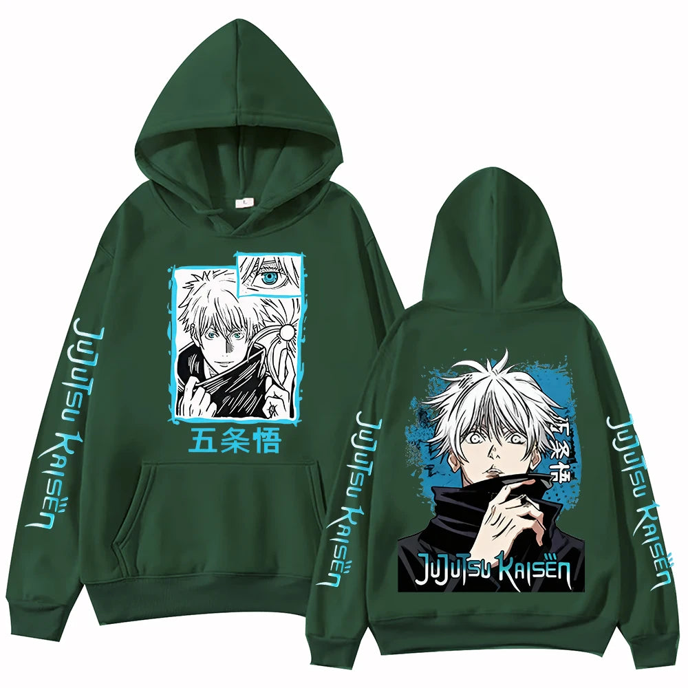 Hoodie vert à capuche, imprimés anime Gojo devant et dos, lettrage bleu sur manches.