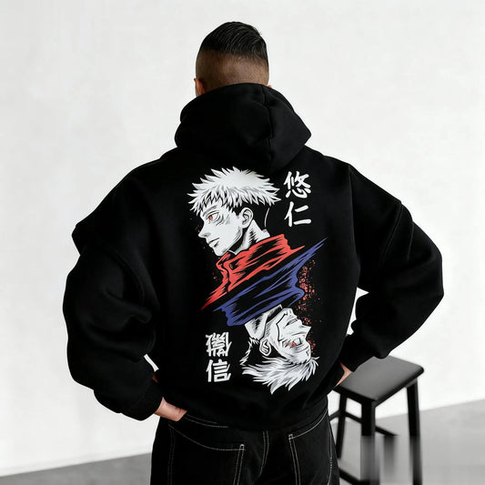 Dark hoodie back print with Sukuna character and stylized red/blue flame graphics
