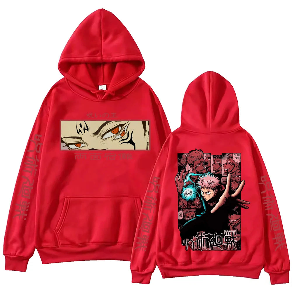 Hoodie rouge à capuche, imprimé manga sur le devant et grand graphisme au dos