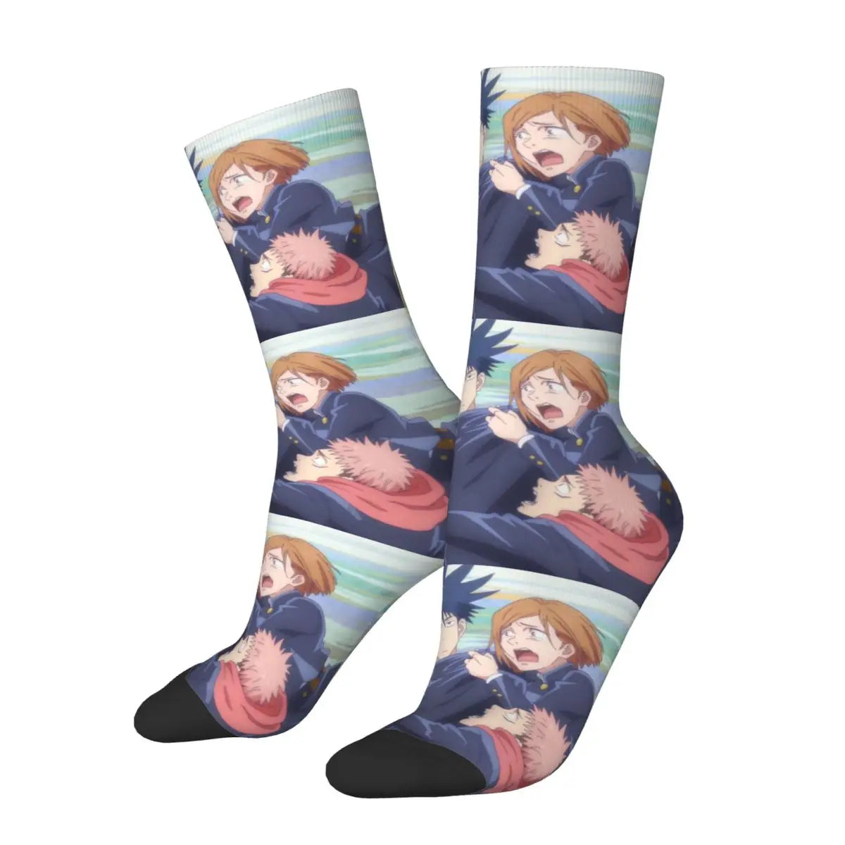 Chaussettes bleu marine à motif personnage animé, motif rayures pastel et rouge.