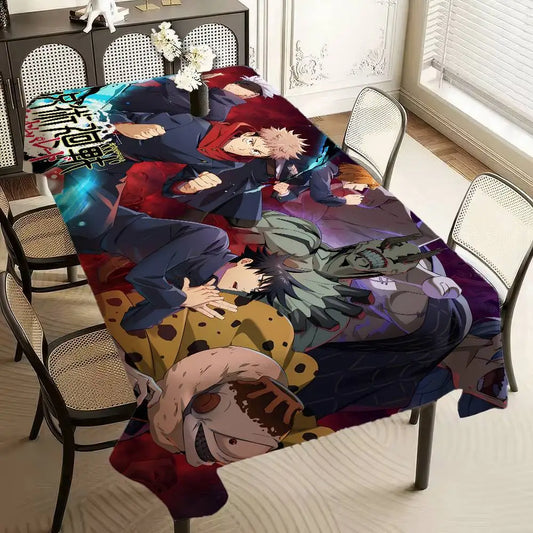 Nappe en tissu rectangulaire bleu et rouge avec personnages animés au centre.
