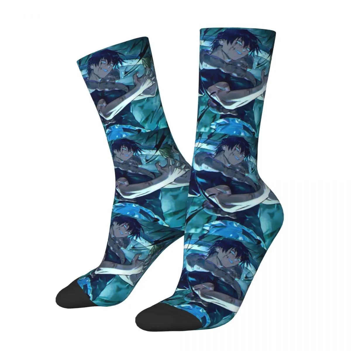 Chaussettes bleu/teal à motif personnage animé, style éclats et visages répétés.