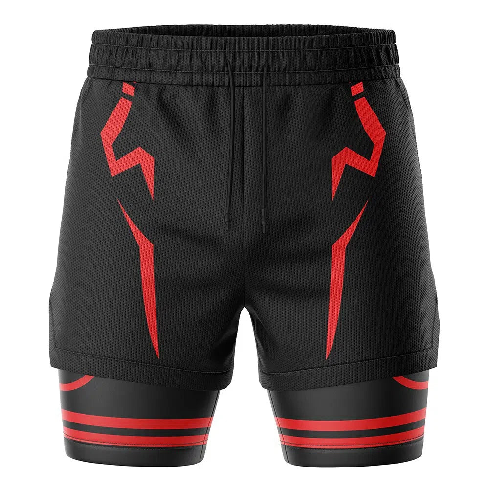 Black drawstring shorts with red lightning-style print and red striped lower panels