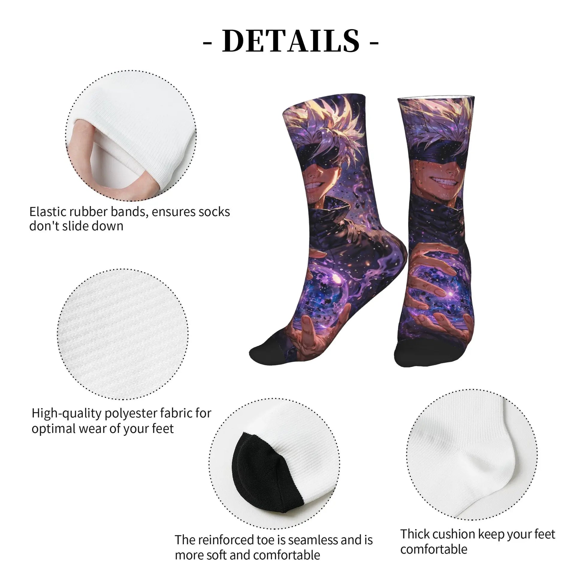 Chaussettes violettes: bord élastique, pointe renforcée, rembourrage épais, motif animé