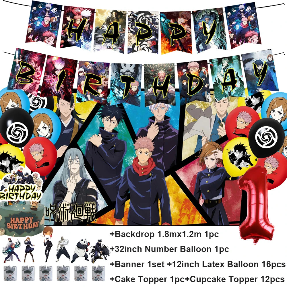 Décoration d’anniversaire Jujutsu Kaisen : ballons latex, guirlande “Happy Birthday” et ballon chiffre