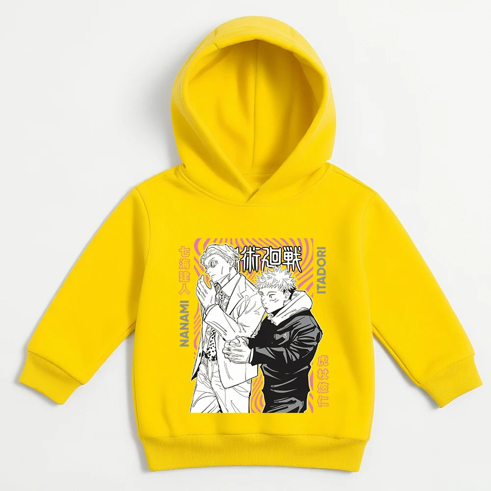 Pull à capuche jaune avec imprimé Itadori et Nanami sur la poitrine