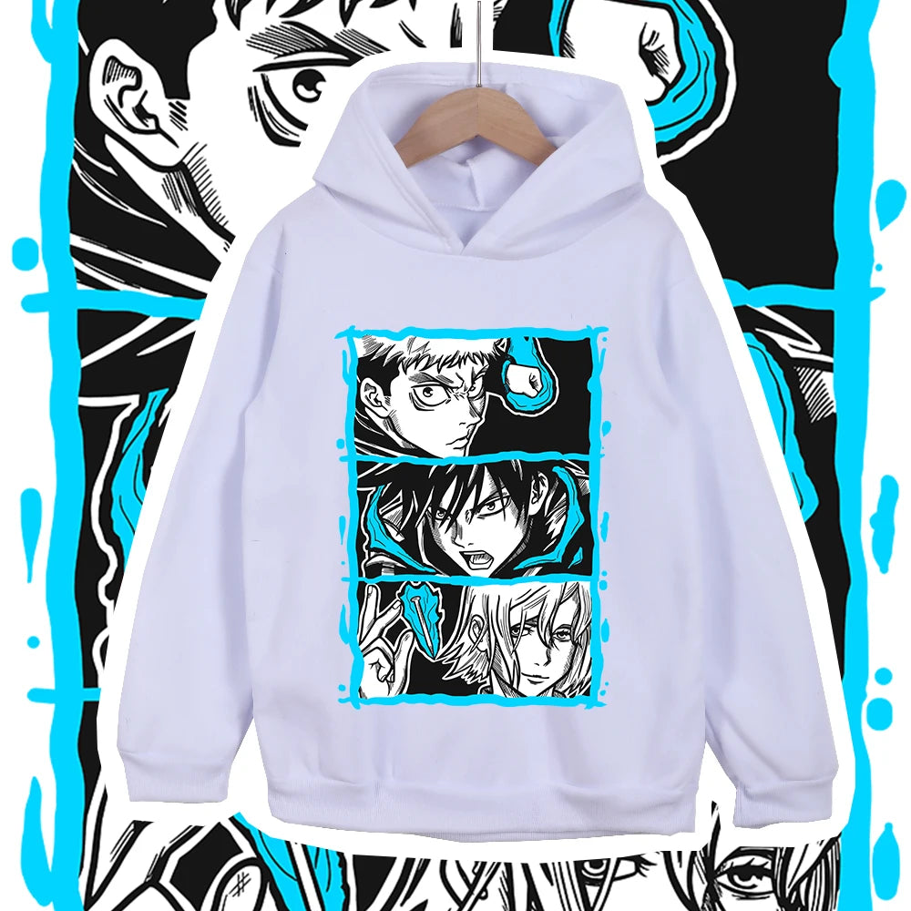 Sweat à capuche enfant blanc avec motif Jujutsu en 3 panneaux, poche kangourou