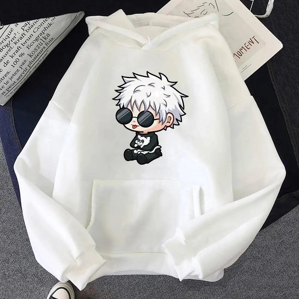 Hoodie blanc à capuche, grand motif manga avec personnage aux lunettes sur la poitrine