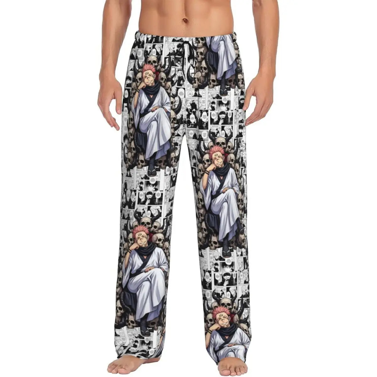 Pantalon de pyjama blanc à motifs mangas Sukuna, taille élastique, jambes longues
