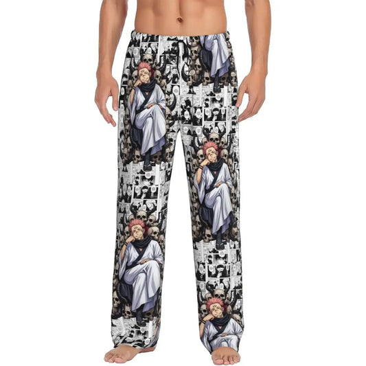 Pantalon de pyjama blanc à motifs mangas Sukuna, taille élastique, jambes longues