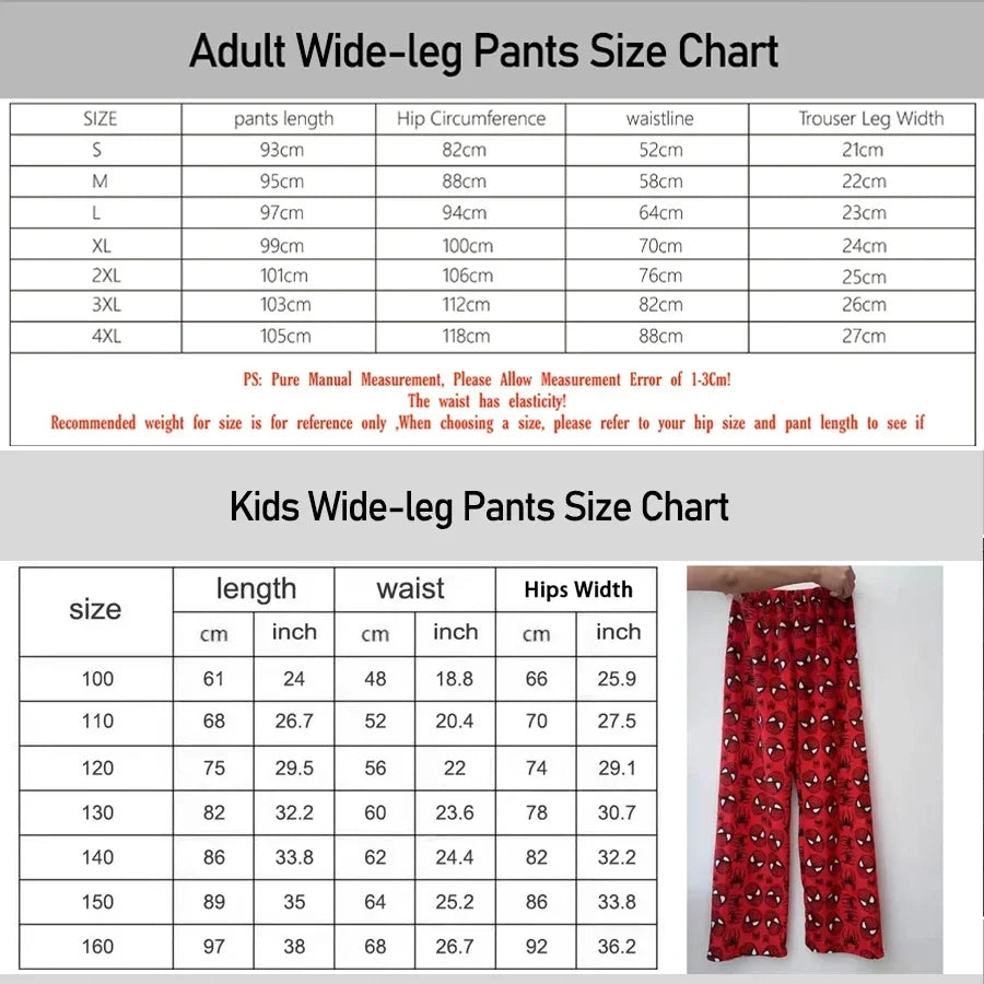 Tableau des tailles pour pantalon de pyjama, mesures adultes et enfants