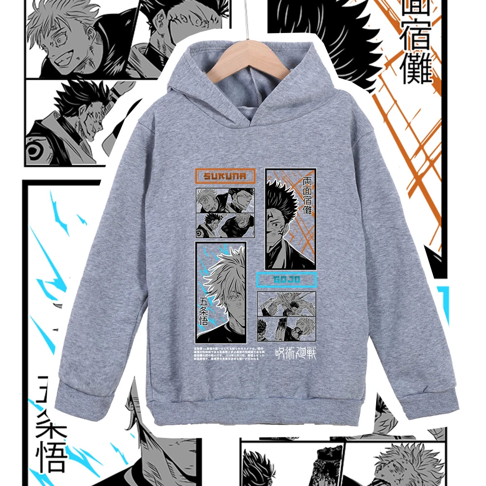Hoodie gris à capuche, grand graphisme manga sur la poitrine, manches longues