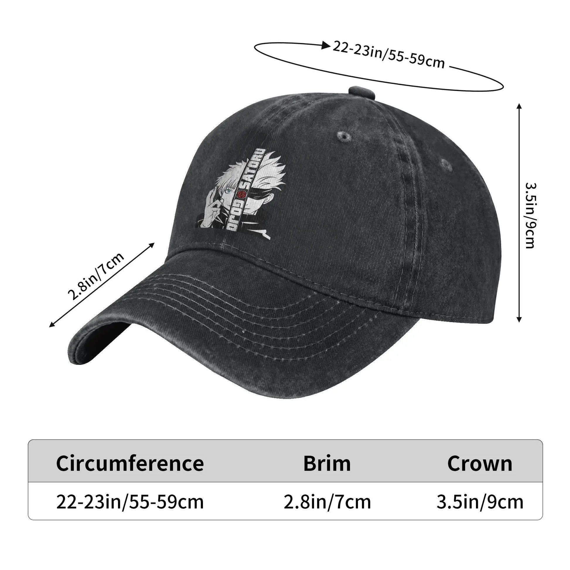 Casquette denim délavé noire, patch Gojo Satoru, tour de tête env. 55–59 cm