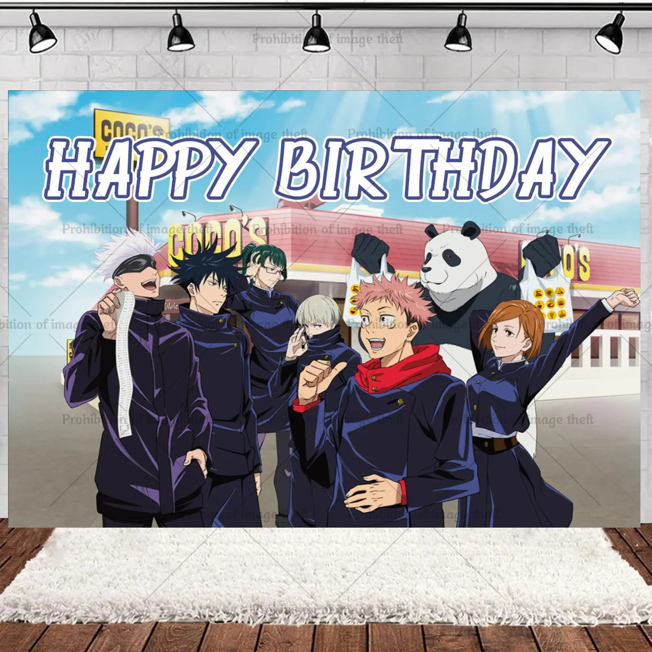 Bannière d’anniversaire bleue Jujutsu Kaisen avec « Happy Birthday » et groupe de personnages