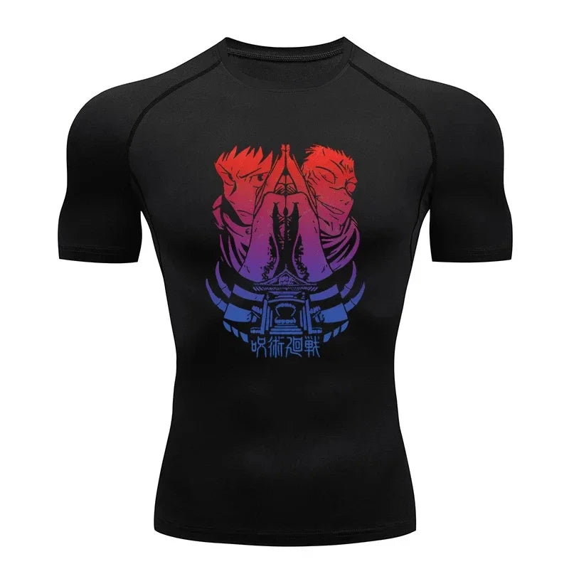 Black compression T-shirt with red and purple Sukuna symbol graphic
