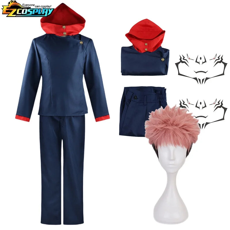 Ensemble costume cosplay homme: veste bleu marine capuche rouge, pantalon bleu, perruque rose