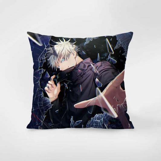 Coussin carré bleu à l’illustration de Gojo Satoru, style anime
