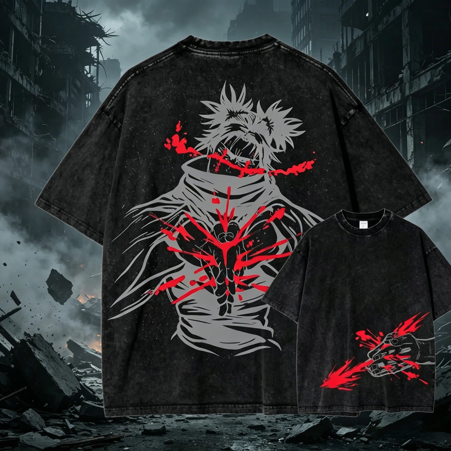 T-shirt noir Choso avec grand imprimé gris et rouge, col ras-du-cou