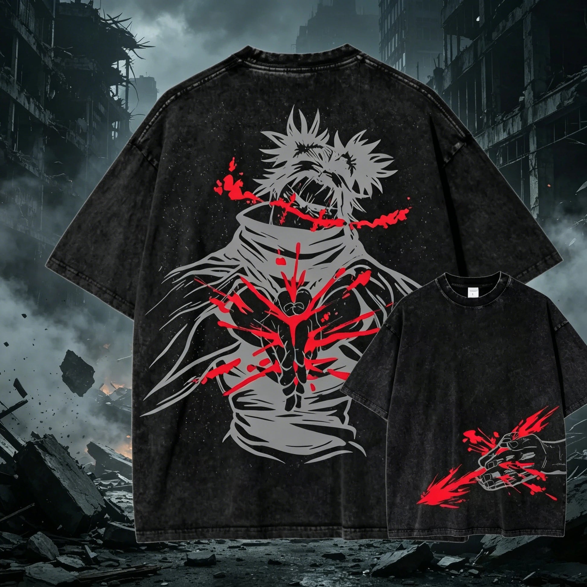T-shirt noir Choso avec grand imprimé gris et rouge, col ras-du-cou