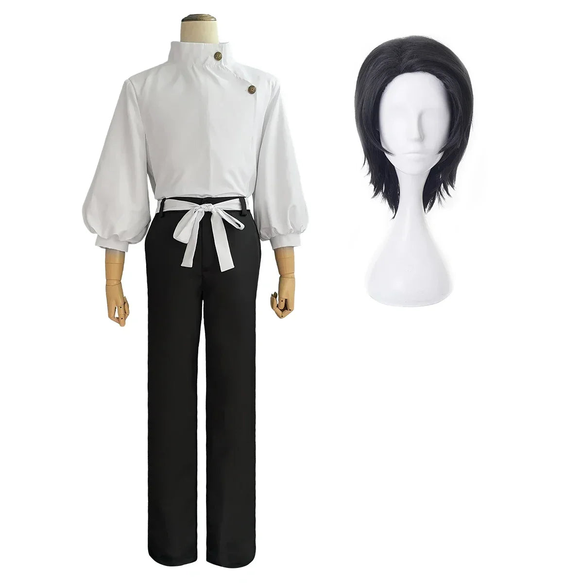 Costume noir et blanc avec perruque noire sur support