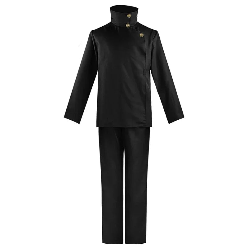 Costume de cosplay noir vue de face : veste et pantalon, col montant à boutons dorés
