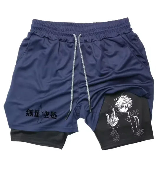 Navy drawstring shorts with black side panel, character graphic and left leg text