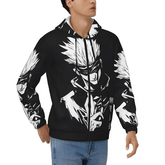 Veste à capuche noire zippée, imprimé blanc et noir Gojo, manches longues