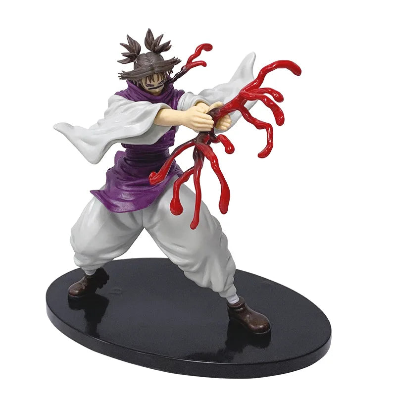 Figurine Choso, manteau blanc évasé, tunique violet, tendrils rouges en arc, socle noir.