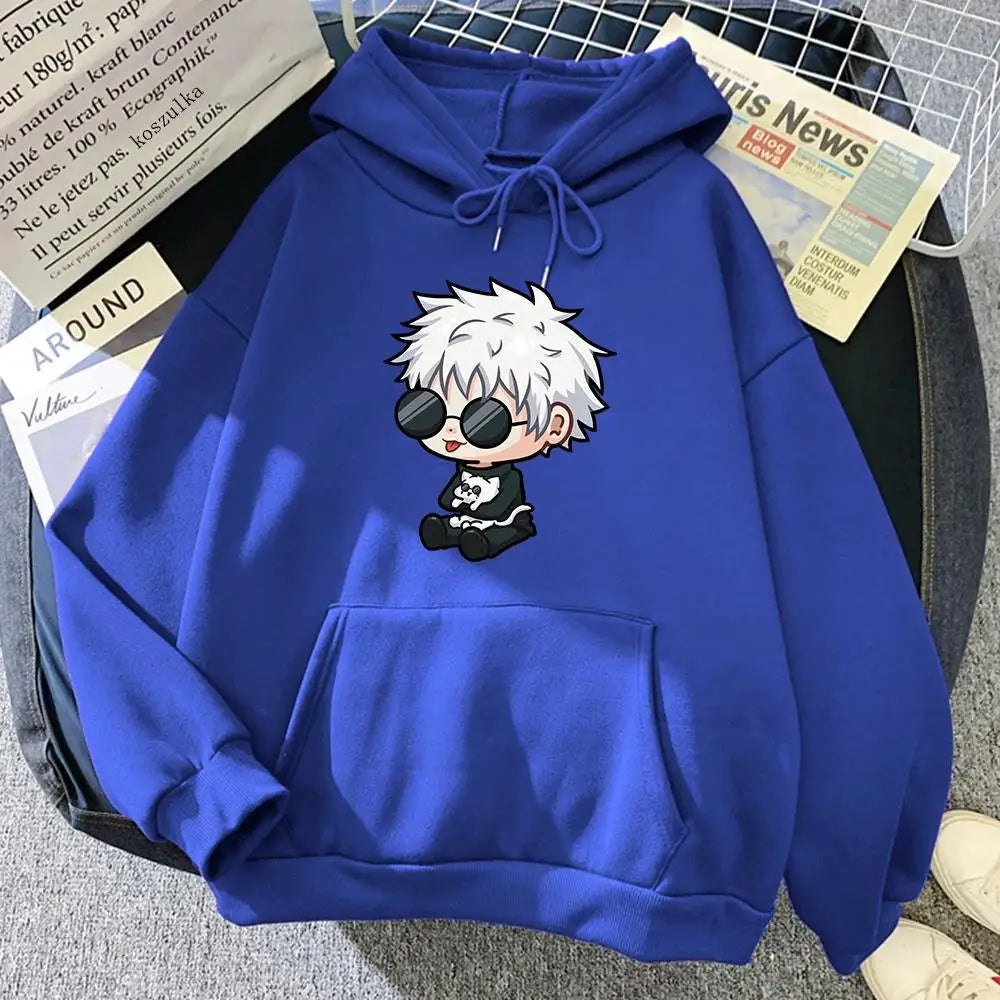 Hoodie bleu à capuche, imprimé manga du personnage aux lunettes sur le devant