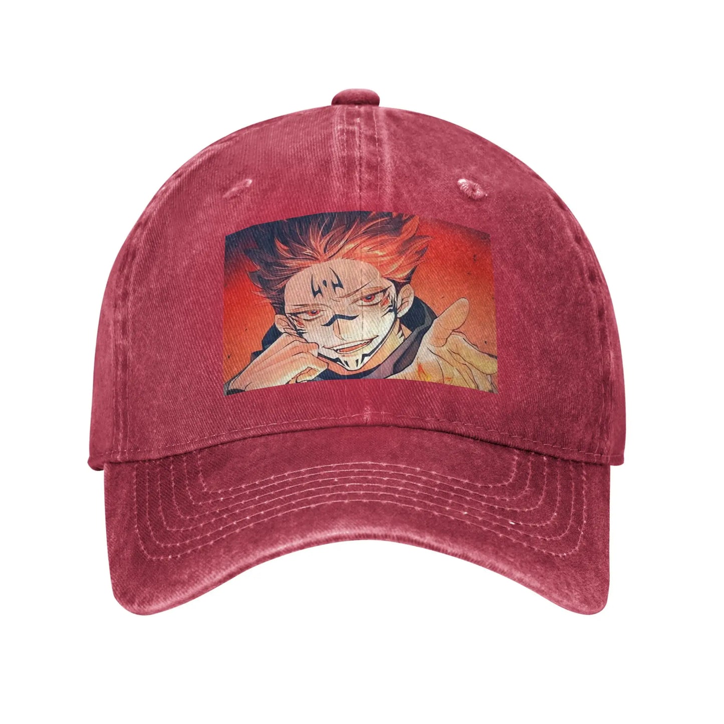 Casquette en toile bordeaux avec patch carré du personnage souriant, coutures de visière