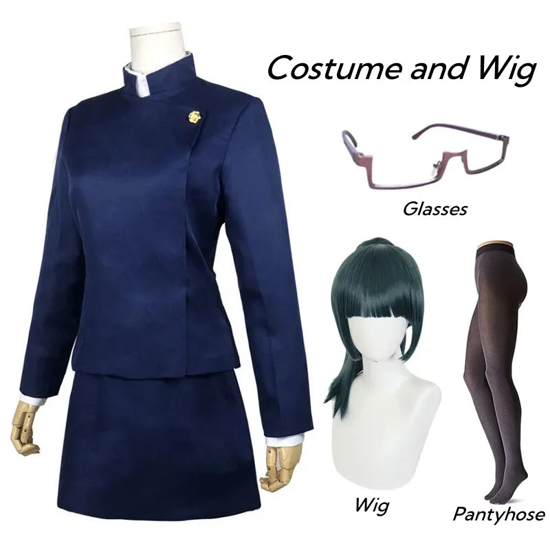 Costume bleu foncé avec perruque vert foncé, lunettes roses et collants noirs inclus.