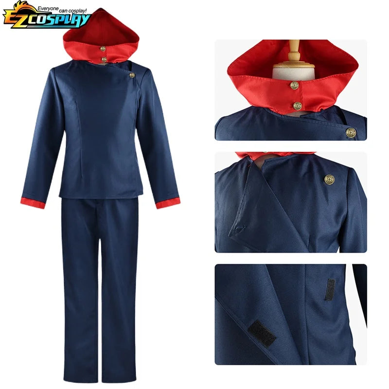 Ensemble costume cosplay homme: veste bleu marine avec capuche rouge et boutons dorés