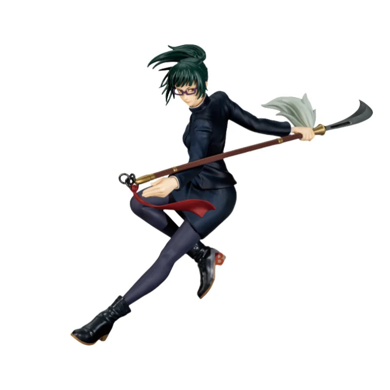 Figurine anime Maki Zenin en tenue noire, cheveux verts, tenant une épée et fourreau rouge.