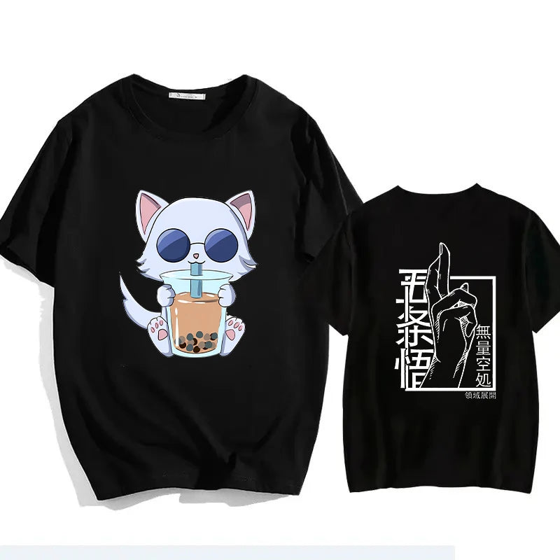 Black T-shirt with cat-goggles graphic front; fist symbol text on back
