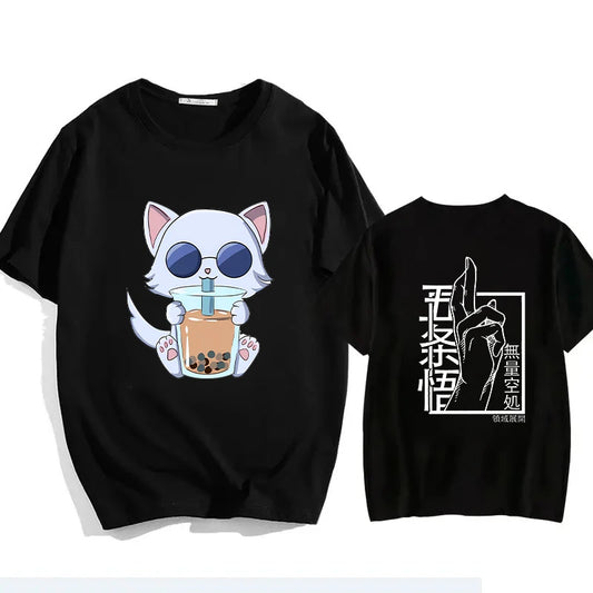 Black T-shirt with cat-goggles graphic front; fist symbol text on back