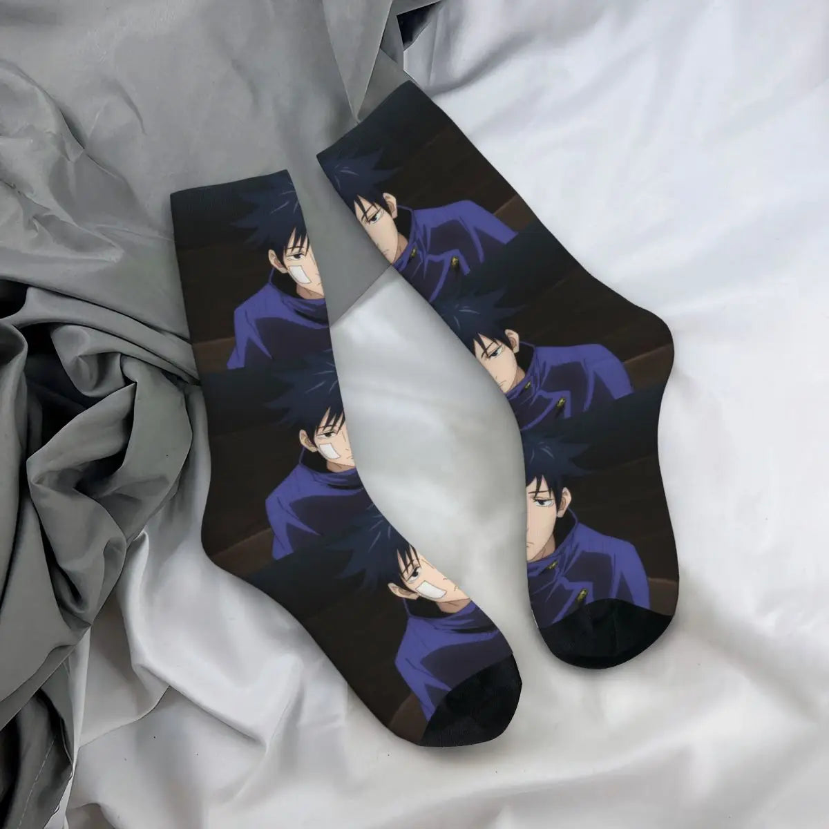 Black crew socks with purple anime character print; close-up view of the design