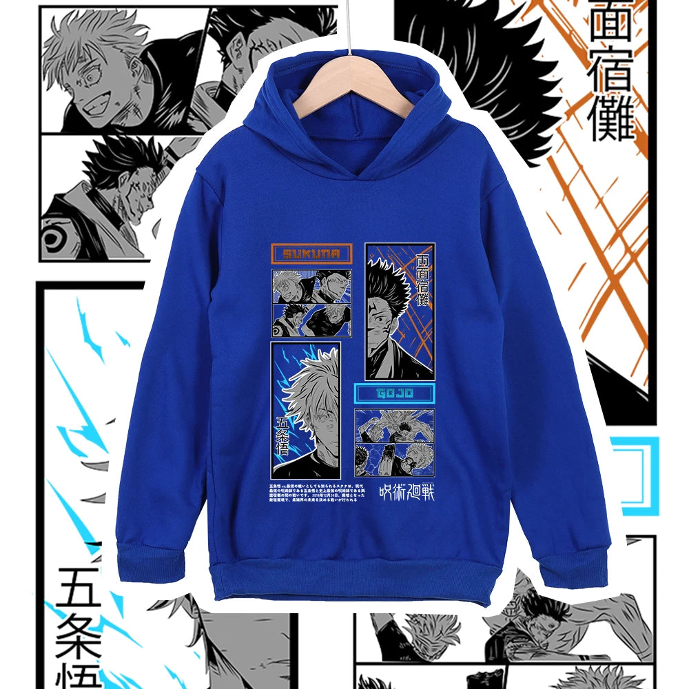 Hoodie bleu à capuche, visuel manga multicolore sur la poitrine, manches longues