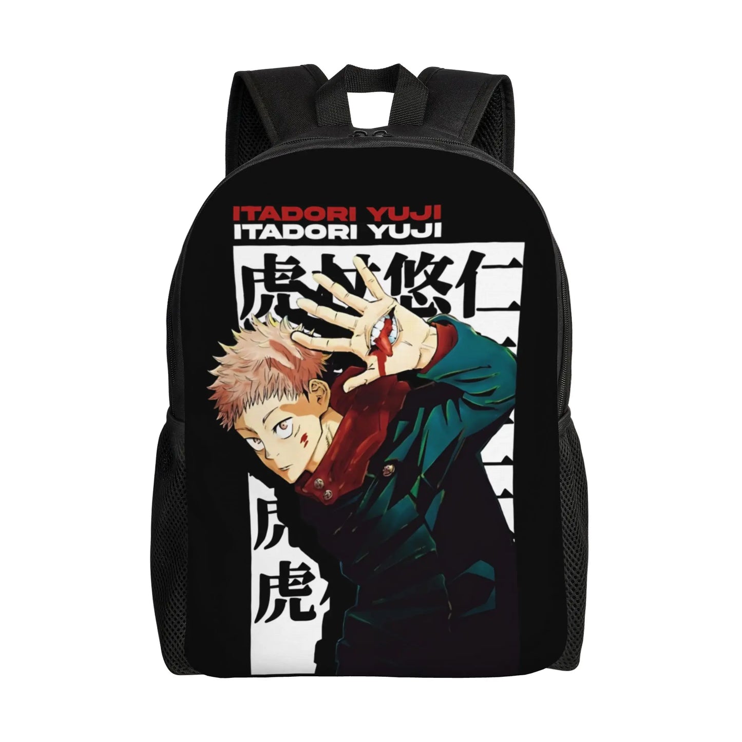 Sac à dos noir avec grand imprimé de personnage manga au centre