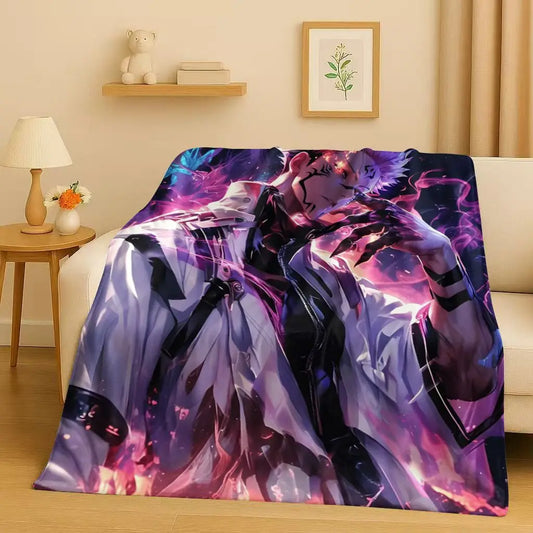 Plaid couverture violette avec motif anime en noir et rose, grand format
