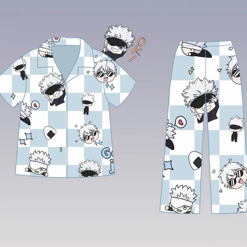 Pyjama Gojo à carreaux bleu : chemise ouverte manches courtes, pantalon long, motifs