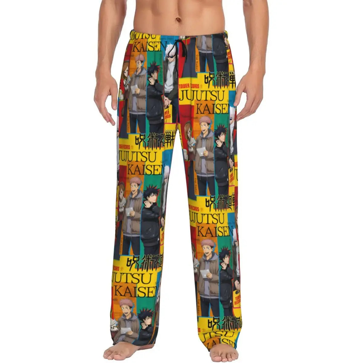 Pantalon de pyjama long Jujutsu, imprimé vintage jaune et rouge, cordon à la taille