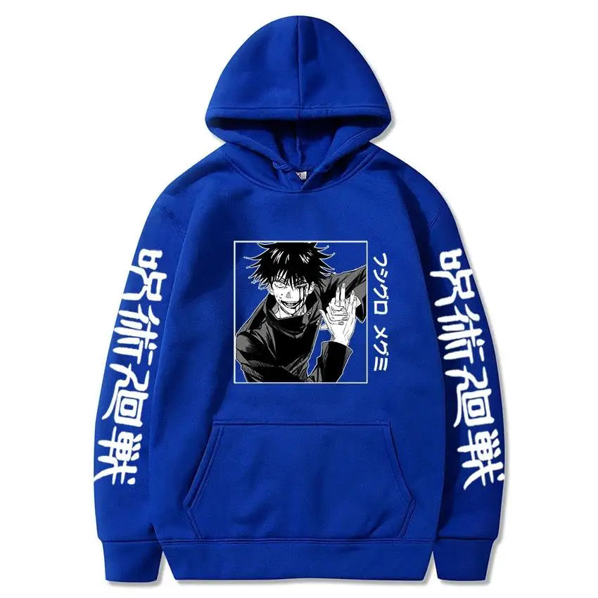 Hoodie bleu à capuche avec imprimé Megumi Fushiguro sur le devant